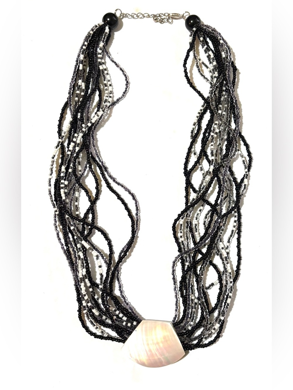 Vintage Black and White Multi-Strand Beaded Necklace with Shell Focal